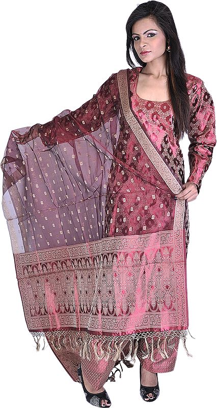 Copper-Coin Salwar Kameez from Banaras with All-Over Weave