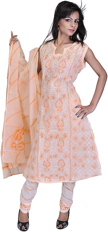 Salmon Choodidaar Kameez Suit with Lucknowi Chikan Embroidered Flowers