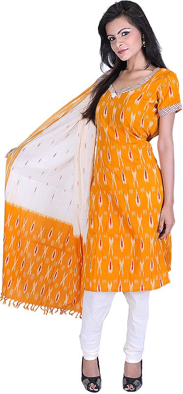 Amber-Yellow Choodidaar Kameez Suit from Pochampally with Ikat Weave