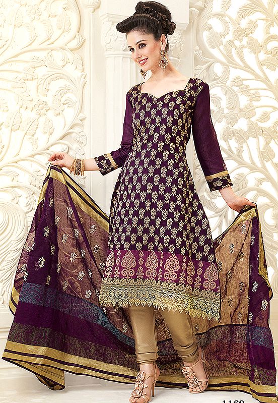 Gloxinia-Purple Choodidaar Kameez Suit with All-Over Woven Flowers and Crochet Border