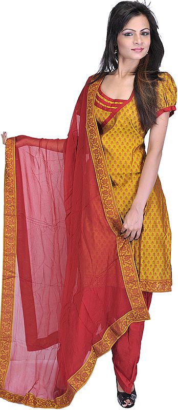 Nugget Gold Salwar Suit from Banaras with All-Overv Woven Flowers in Red