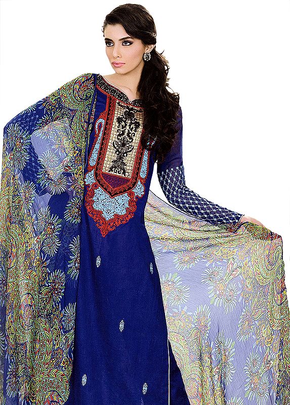Mazarine-Blue Long Salwar Suit from Pakistan with Embroidered Shirt and Chiffon Dupatta