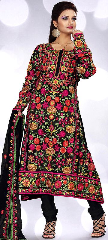 Black Long Choodidaar Kameez Suit with Aari Embroidered Flowers All-Over