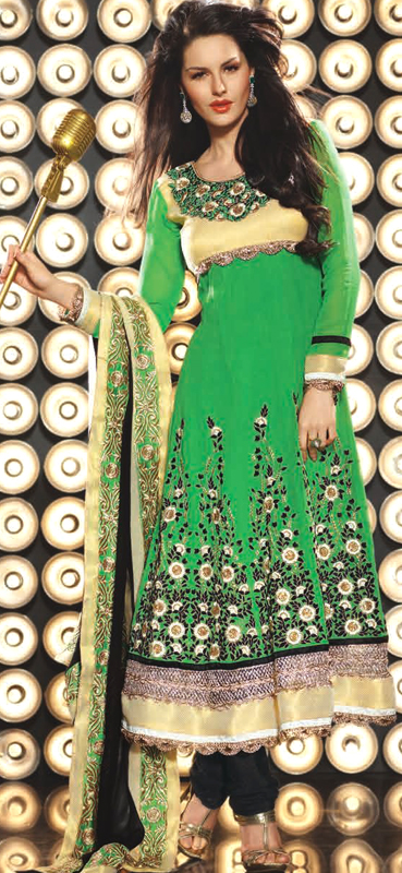 Irish-Green Anarkali Choodidaar Kameez Suit with Metallic Thread Embroidered Flowers on Neck and Sequins'