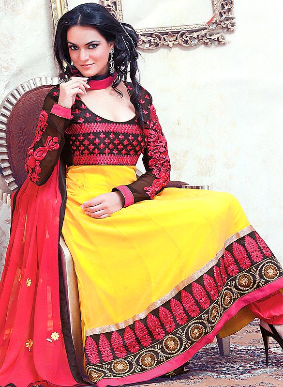 Citrus-Yellow Anarkali Suit with Thread Embroidered Bootis on Neck and Patch Border