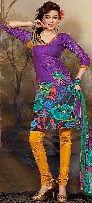 Royal-Purple Choodidaar Kameez Suit with Large Printed Flowers