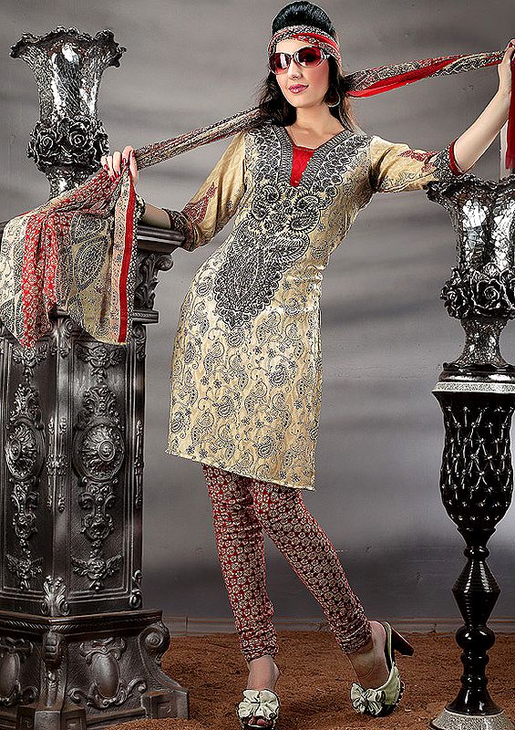 Beige Choodidaar Kameez Suit with Printed Paisleys and Flowers