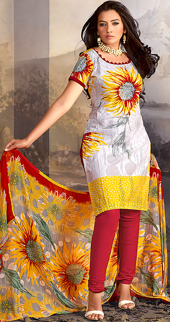 Gray Choodidaar Kameez Suit with Large Printed Sun Flowers