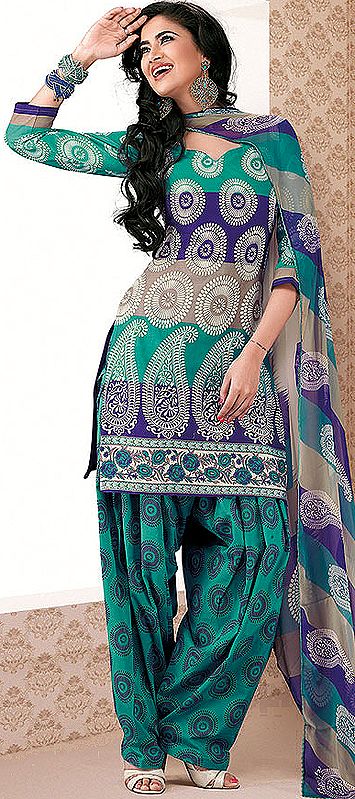 Tri-Color Salwar Kameez Suit with Large Printed Paisleys and Chakras
