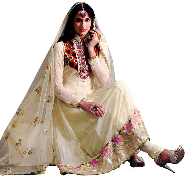 Beige Anarkali Suit with with Crewel Embroidered Flowers on Neck and Patch Border