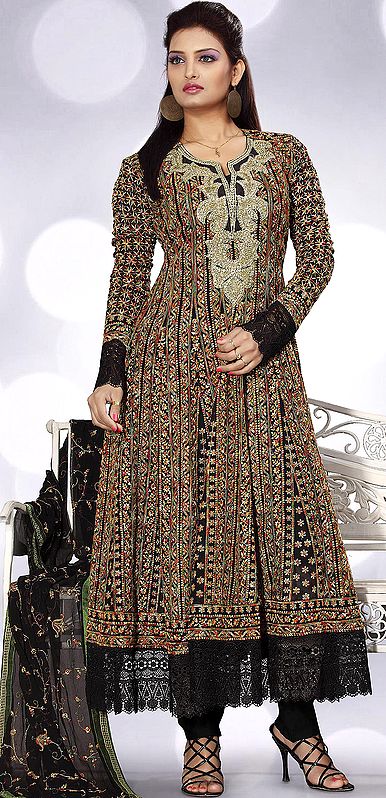 Black Choodidaar Kameez Suit with Aari Embroidery All-Over and Crochet Border