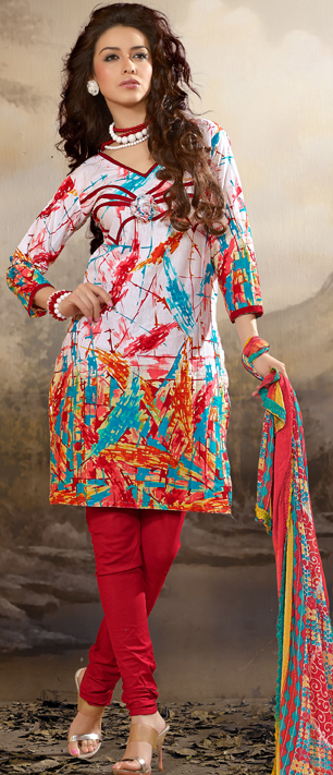 Multi-Color V-Neck Printed Choodidaar Kameez Suit