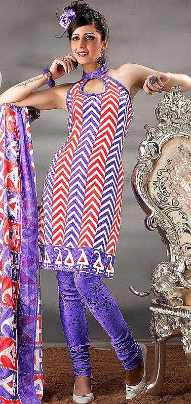 Bi-Color Choodidaar Kameez Suit with Zig-Zag Print
