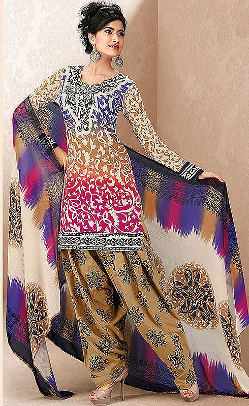 Tri-Color Salwar Kameez Suit with Printed Flowers All-Over
