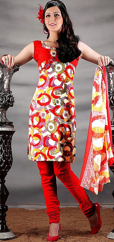 Multi-Color Printed Choodidaar Kameez Suit