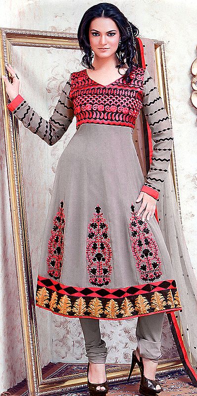 Smoke-Gray Anarkali Kameez Suit with Crewel Embroidery of Flowers in Fuchsia Thread and Patch Border