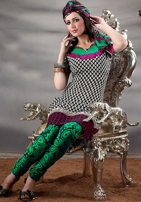 Black and Green Choodidaar Kameez Suit with Printed Bootis All-Over
