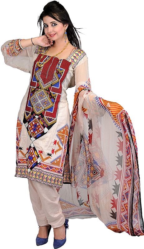 Peach Printed Salwar Kameez Suit from Pakistan with Embroidered Patches and Silk Border