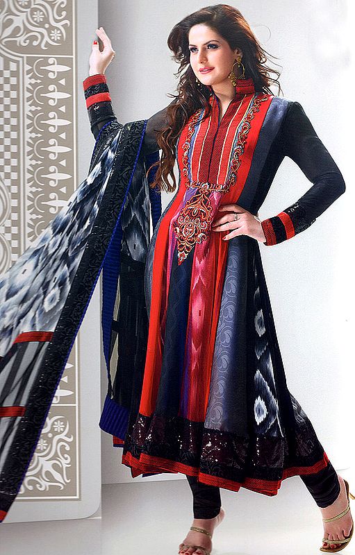 Frost-Gray and Fuchsia Designer Choodidaar Kameez Suit with Metallic Thread Embroidery on Front