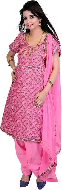 Azalea-Pink Banarasi Salwar Suit with All-Over Woven Flowers and Meenakari Border