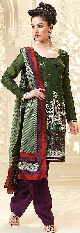 Myrtle-Green Salwar Suit with Metallic Thread Embroidered Paisleys and Flowers