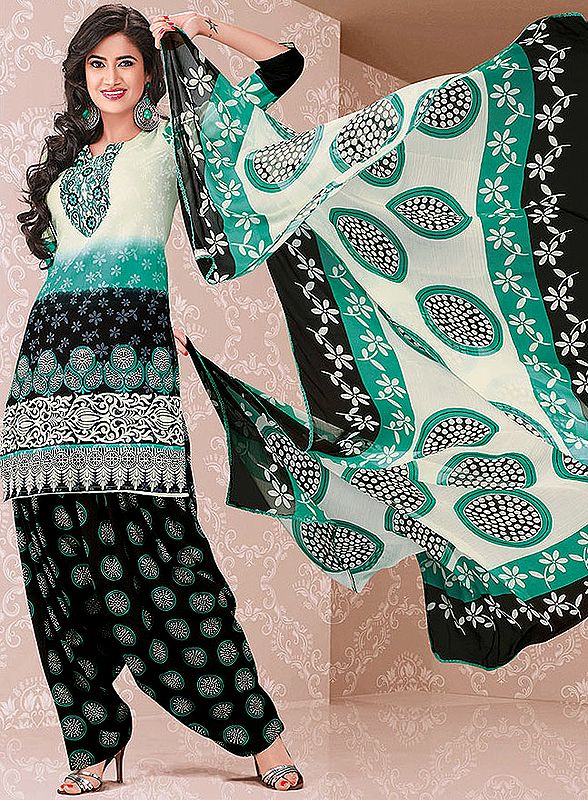Green and Black Salwar Suit with Printed Flowers and Paisleys