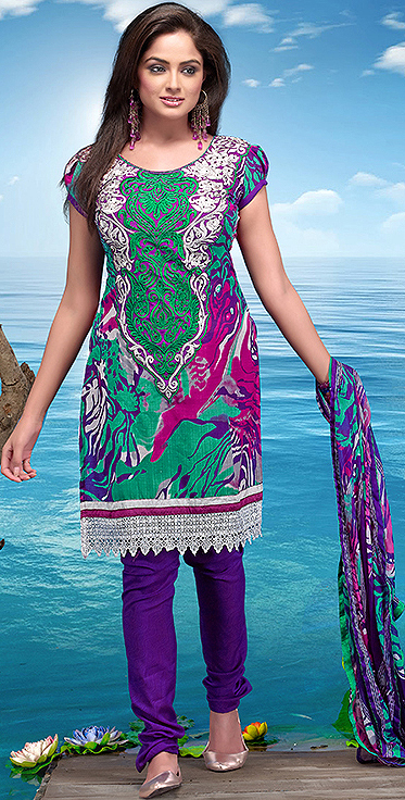 Prism-Violet and Green Printed Choodidaar Kameez Suit with Embroidery on Neck and Crochet Border