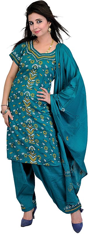 Fanfare-Green Salwar Suit with Kantha Stitched Embroidered Flowers