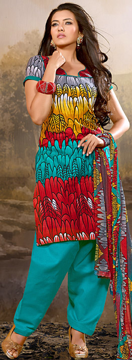 Tri-Color Printed Salwar Kameez Suit