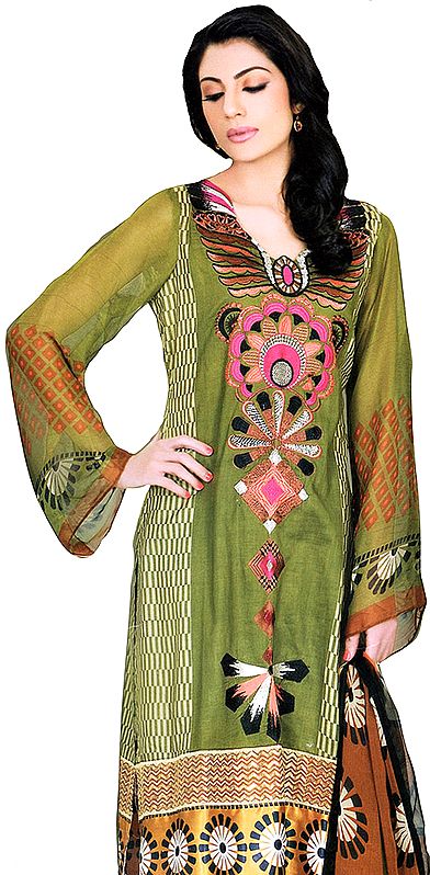 Calla-Green Long Salwar Suit from Pakistan with Embroidered Front Motif and Silk Border