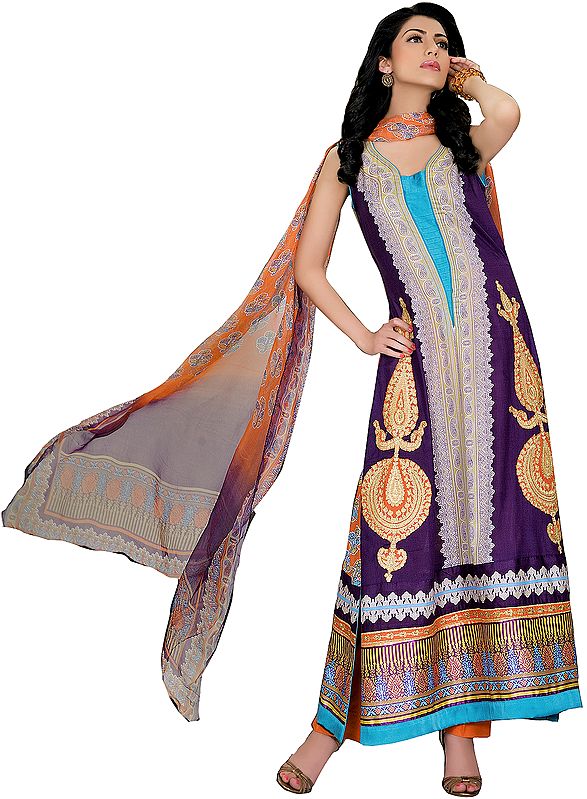 Phlox-Purple Long Salwar Suit from Pakistan with Embroidered Motifs and Gold Printed Border
