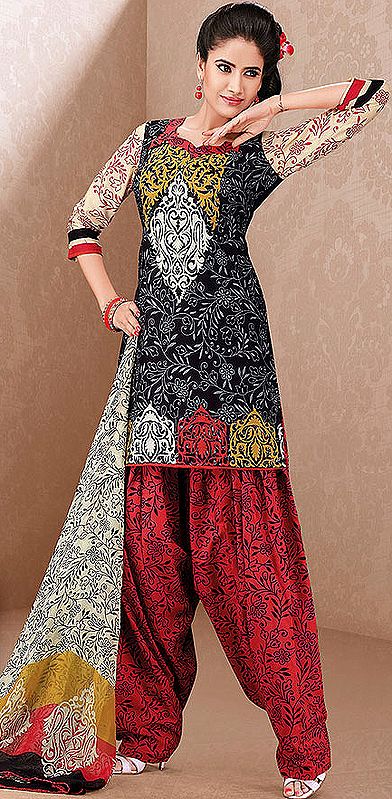 Black and Red Salwar Kameez with Printed Flowers All-Over