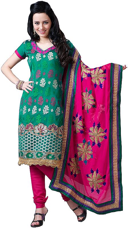 Tidepool-Green and Fuchsia Choodidaar Kameez Suit with Woven Flowers and Cutwork Border