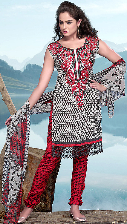 Black and Red Printed Choodidaar Kameez Suit with Crewel Embroidered Paisleys on Neck