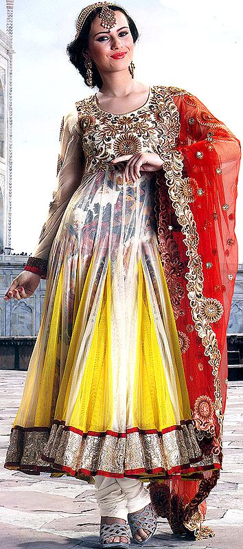 Ivory and Yellow Printed Anarkali Kameez Suit with Metallic Thread Embroidered Flowers on Neck and Patch Work