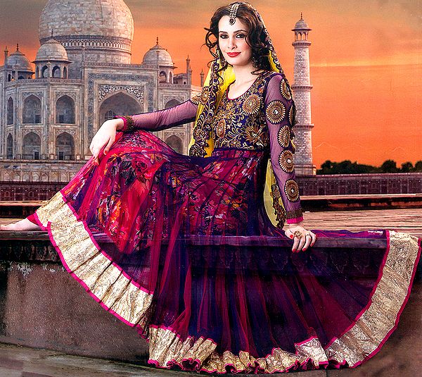 Mulberry-Purple and Fuchsia Anarkali Suit with Metallic Thread Embroidered Flowers on Neck and Wide Patch border