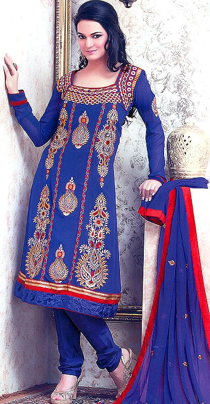 Liberty-Blue Choodidaar Kameez Suit with All-Over Metallic Thread Embroidery