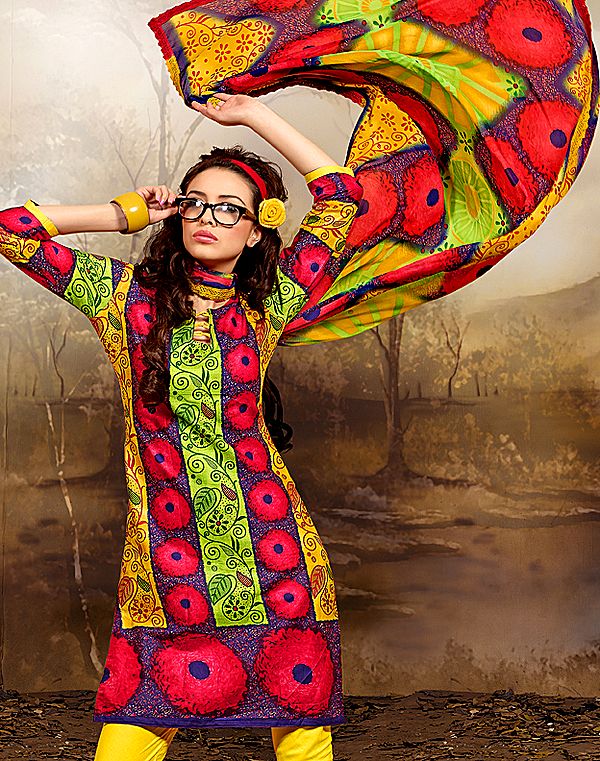 Cayenne and Yellow Choodidaar Kameez Suit with Large Printed Flowers