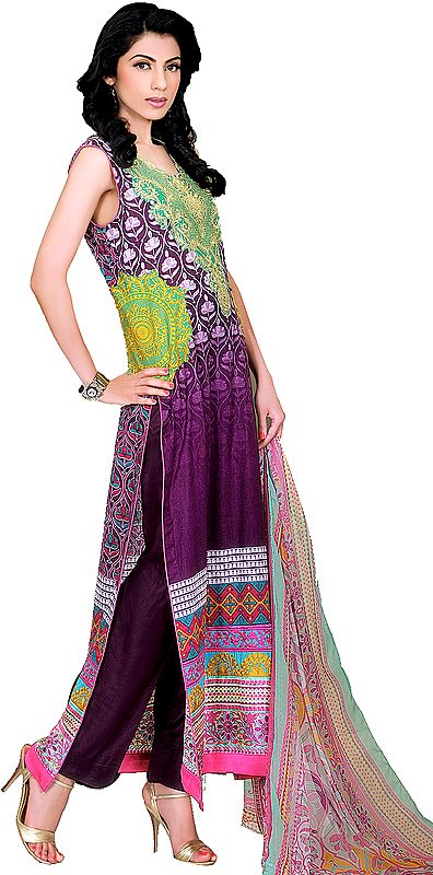 Sunset-Purple Long Salwar Suit from Pakistan with Embroidered Neck and Motifs