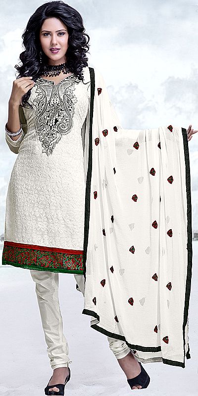 Chic-White Choodidaar Kameez Suit with All-Over Embroidery in Self and Floral Patch Border