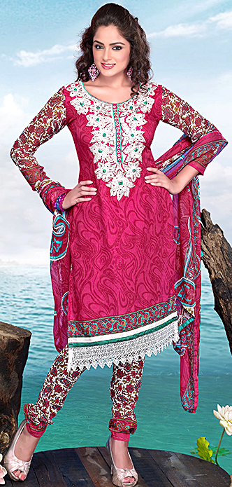 Carmine Printed Choodidaar Kameez Suit with Embroidery on Neck and Crochet Border