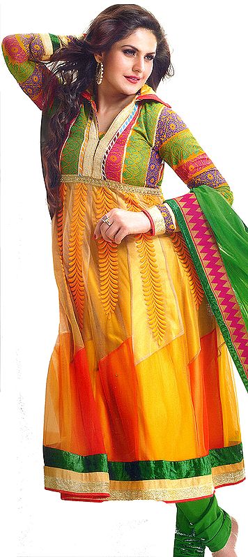 Citrus-Yellow Anarkali Chudidar Kameez suit with Woven Flowers on Neck and Patch Border