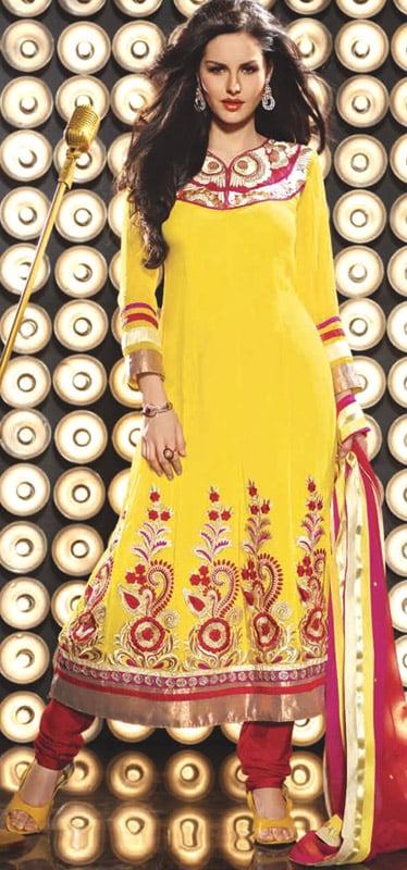 Aspen-Gold Flared Churidar Kameez Suit with Metallic Thread Embroidery on Neck and Patchwork