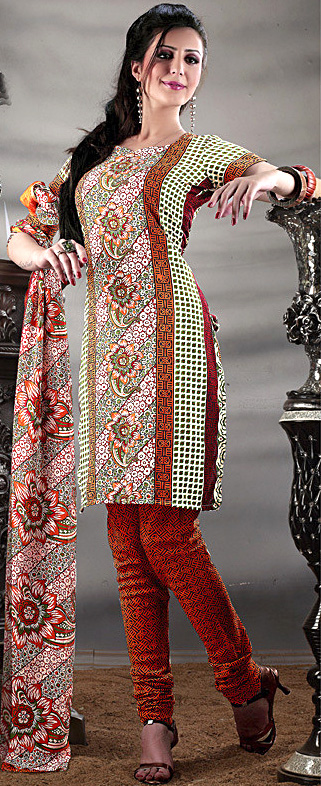 Glazed-Ginger Choodidaar Kameez Suit with Printed Flowers