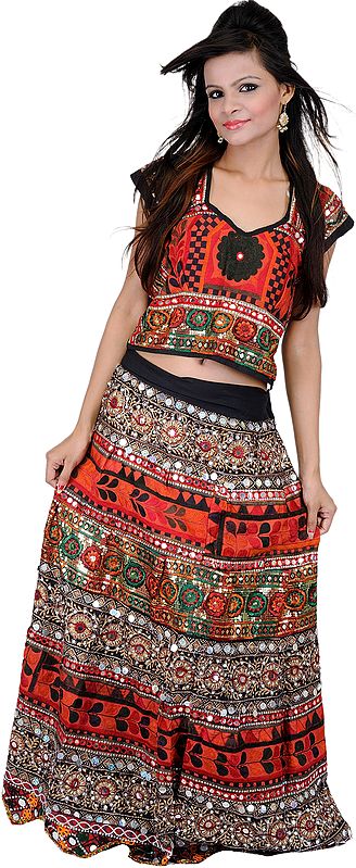 Multi-Color Two Piece Lehenga Choli Set from Kutch with Embroidered Mirrors and Sequins