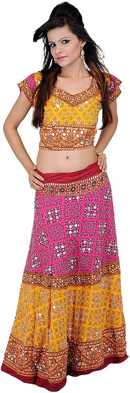 Tri-Color Two Piece Printed Lehenga Choli from Kutch with Sequins and Beadwork