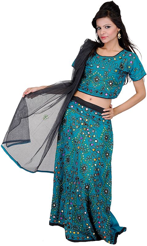 Teal Lehenga Choli from Rajasthan with Embroidered Flowers and Sequins