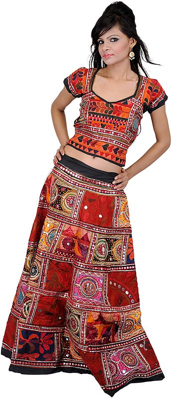 Mecca-Orange Two Piece Printed Lehenga Choli Set from Kutch with Embroidered Flowers and Sequins