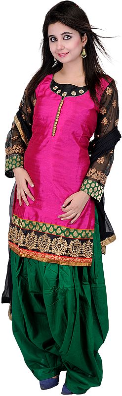 Fuchsia and Green Designer Patiala Salwar Suit with Embroidered Patch Border