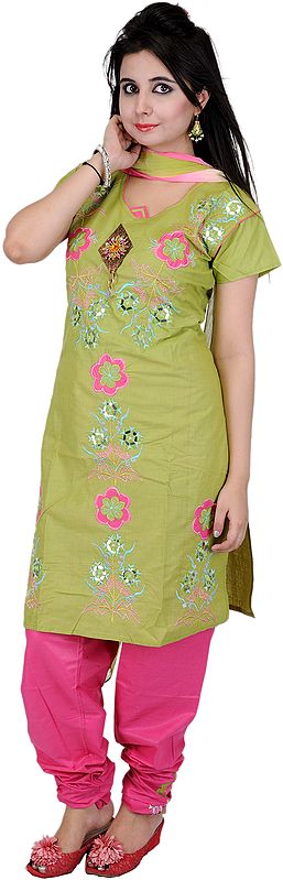 Lime-Green Salwar Suit with Embroidered Flowers and Applique Beadwork on Neck